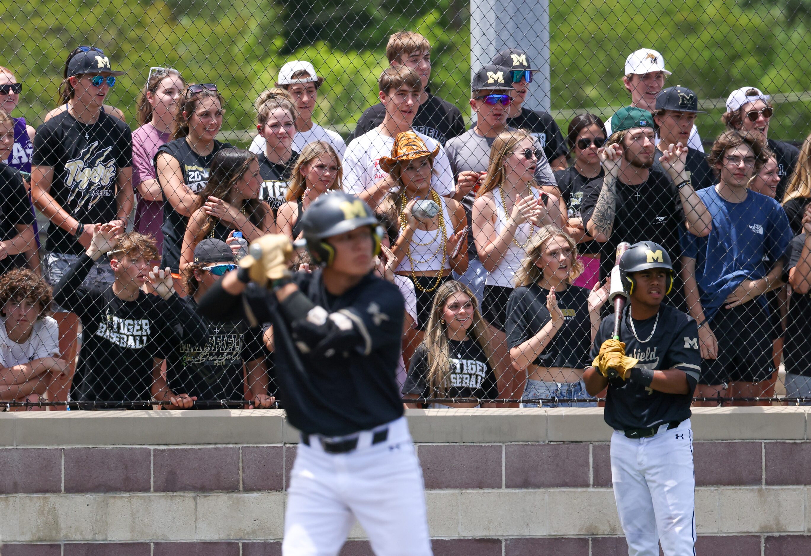 Mansfield students and fans cheer for the team as they go up to bat during an area round...