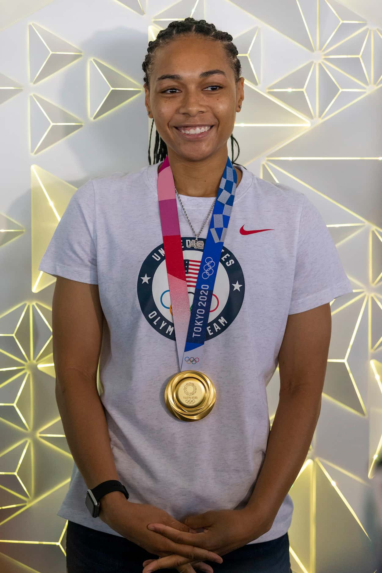 Allisha Gray, Olympic gold medalist and Dallas Wings guard, speaks during a welcome-home...