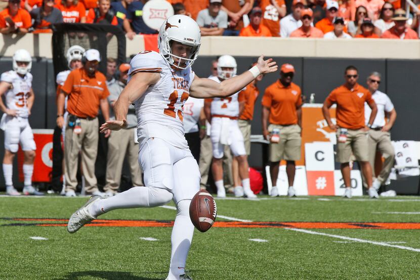 File-This Oct. 3, 2016, file photo shows Texas punter Michael Dickson (13) punting during an...