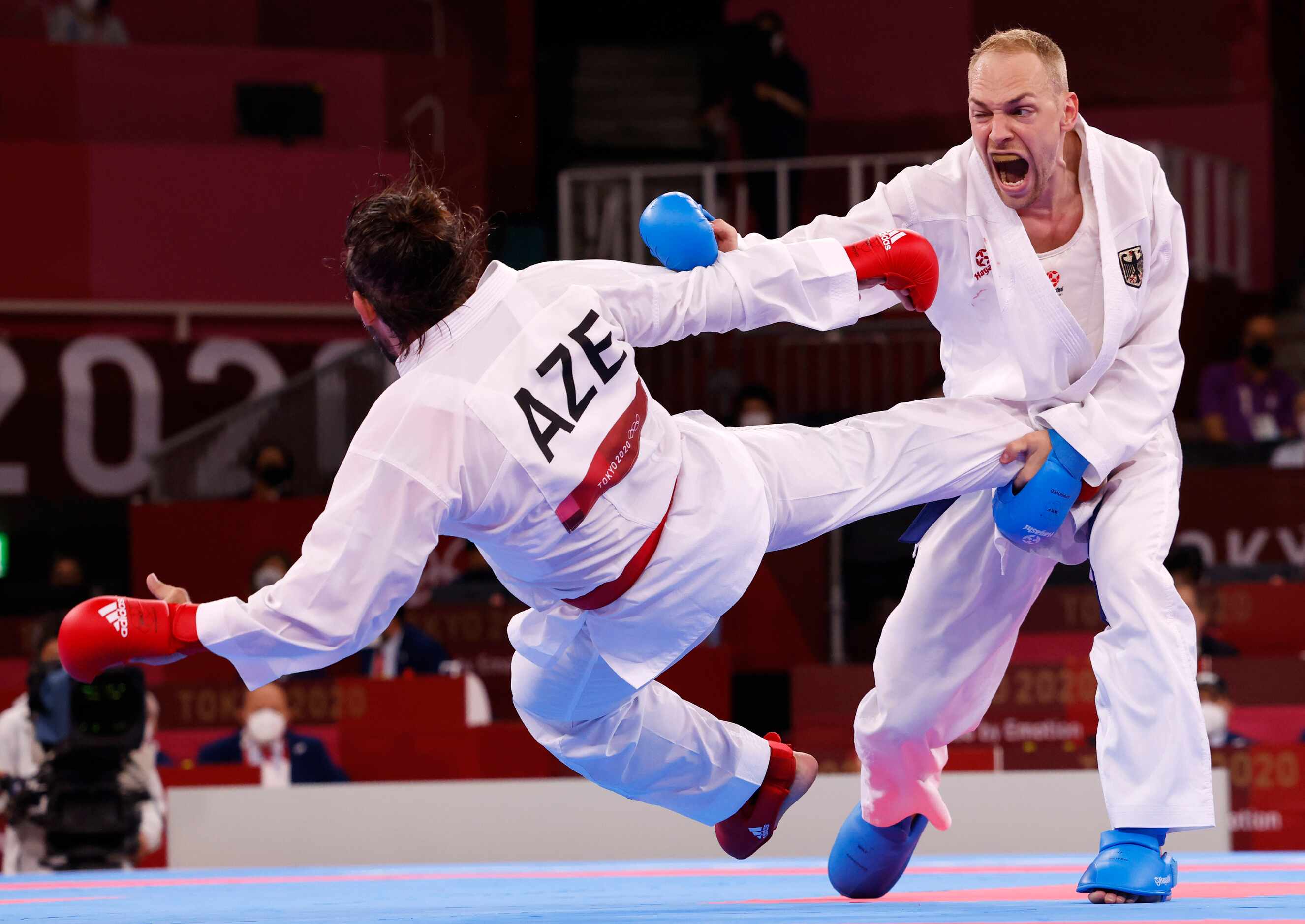 Germany’s Noah Bitsch competes against Azerbaijan’s Rafael Aghayev during the karate men’s...