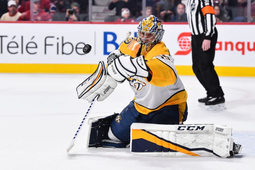 MONTREAL, QC - FEBRUARY 10:  Goaltender Pekka Rinne #35 of the Nashville Predators watches...