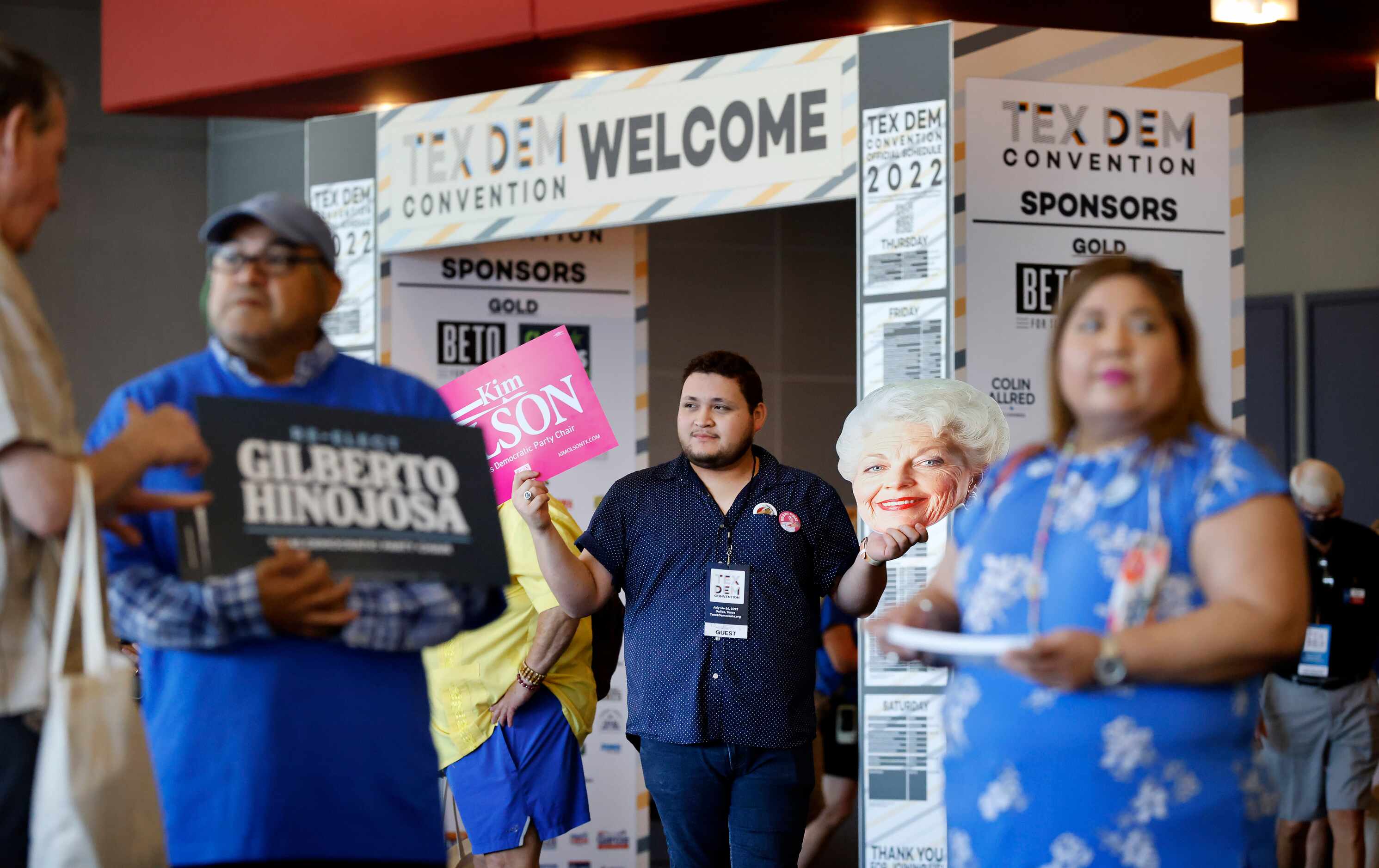 Reyes Garcia of Edinburg, Texas waves a cutout of former Texas Governor Ann Richards as he...