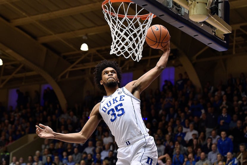 DURHAM, NC - JANUARY 13:  Marvin Bagley III #35 of the Duke Blue Devils dunks against the...