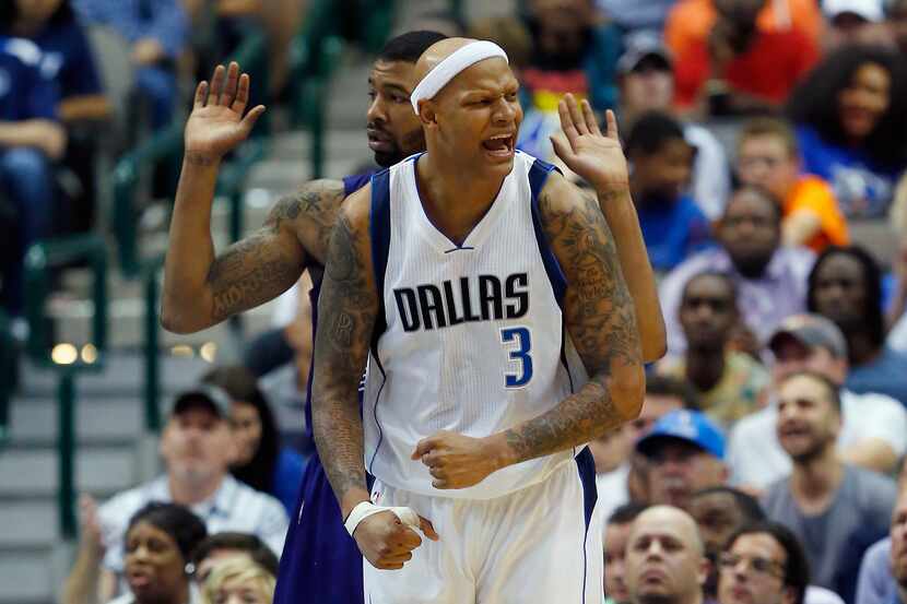 DALLAS, TX - APRIL 08: Charlie Villanueva #3 of the Dallas Mavericks celebrates after...