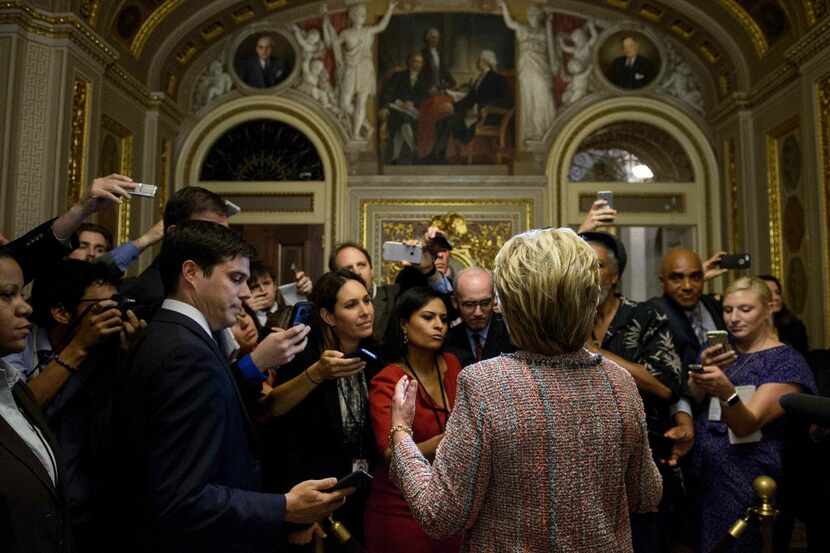 Democratic presidential candidate Hillary Clinton at an informal meeting with reporters....