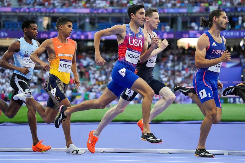 Bryce Hoppel of the United States (4) runs in the men's 800 meters final at the 2024 Summer...