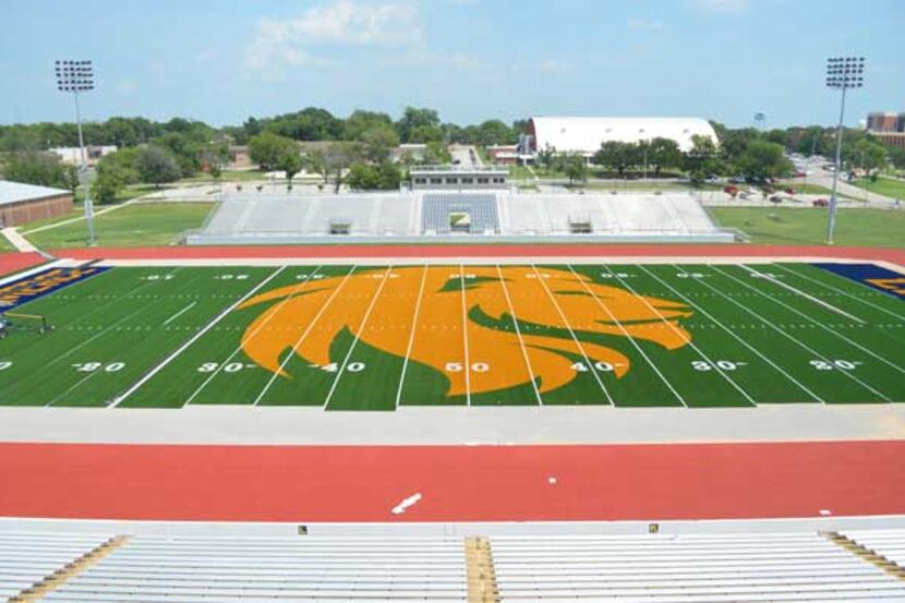 Texas AM-Commerce has installed a new Lion mascot logo on its football field for the 2013...