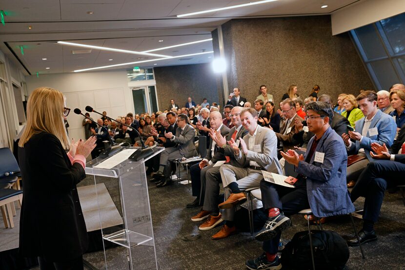 Nicole Small, CEO of Lyda Hill Philanthropies, left, speaks during an event to celebrate the...