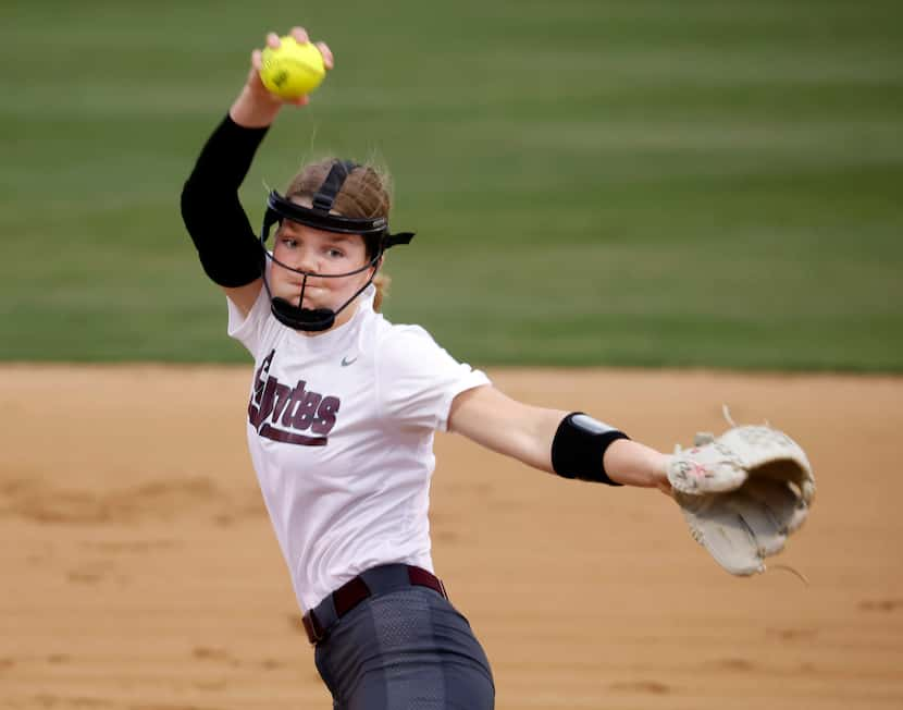 Frisco Heritage starting pitcher Jensin Hall faced Frisco Lebanon Trail during the first...