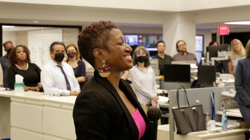 Katrice Hardy, The Dallas Morning News' executive editor, talks to the newsroom on July 21,...