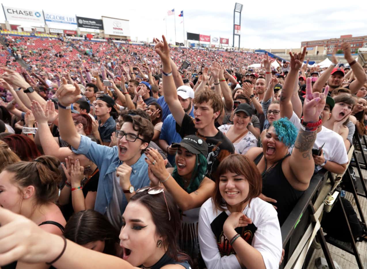 The crowd cheers as 311 performs during Edgefest 25 at Toyota Stadium in Frisco, TX, on Apr....