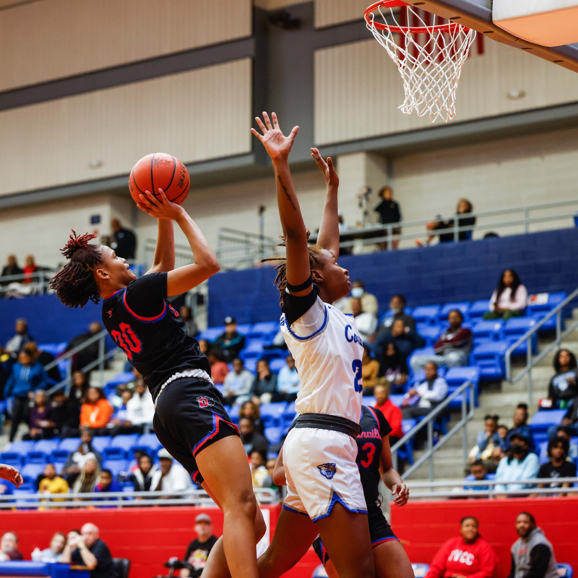 Duncanville Pantherettes' Chloe Mann (30) goes for a shot against Conway Lady Cats during...