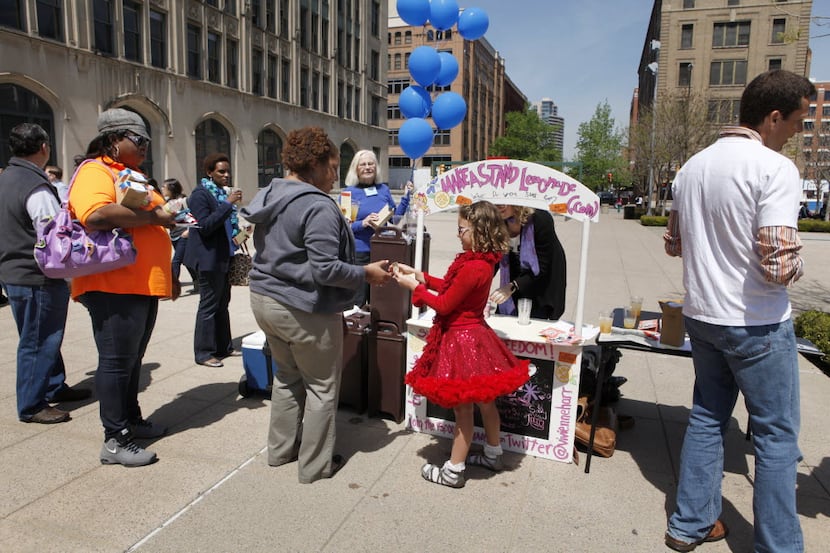 Nine-year-old Vivienne Harr, founder of Make A Stand Lemon-aid, set up shot in Founders...