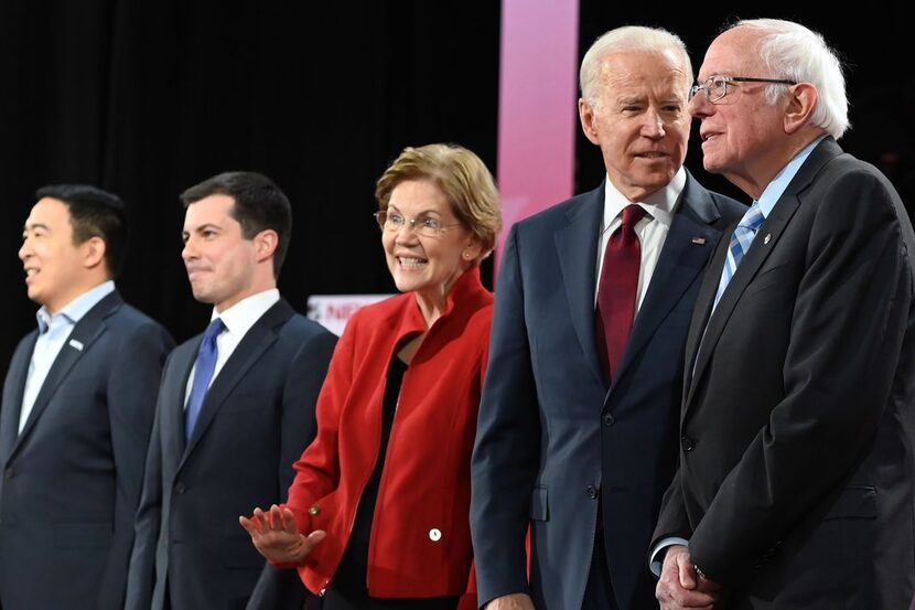 Democratic presidential hopefuls (from left): entrepreneur Andrew Yang; Mayor of South Bend,...