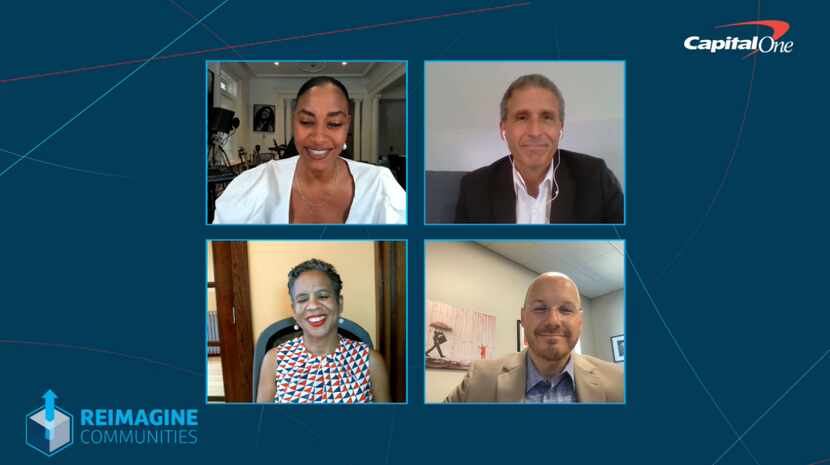 A screenshot of a video conference of 4 panelists speaking during the 2021 Reimagine...