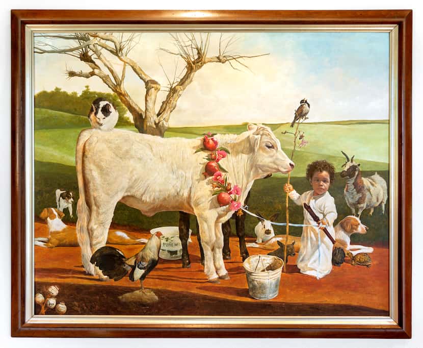 This untitled 1975 painting from Kermit Oliver is crowded with animals, a domesticated...