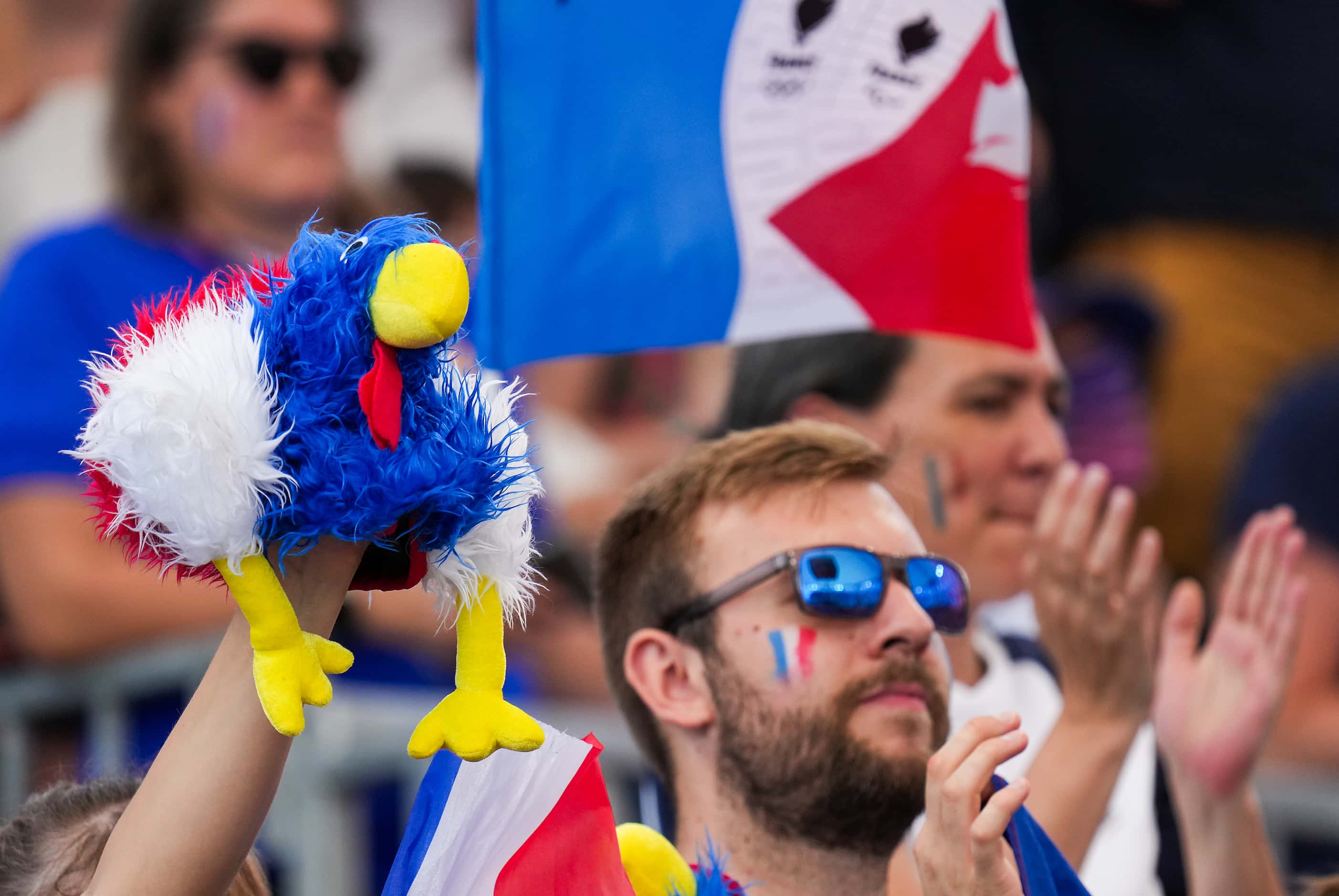 Fans cheer for France during women’s 3x3 basketball game against Azerbaijan at the 2024...