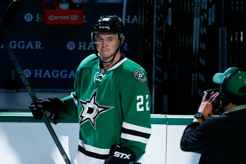Dallas Stars' Jiri Hudler is recognized for his game winning goal against the St. Louis...