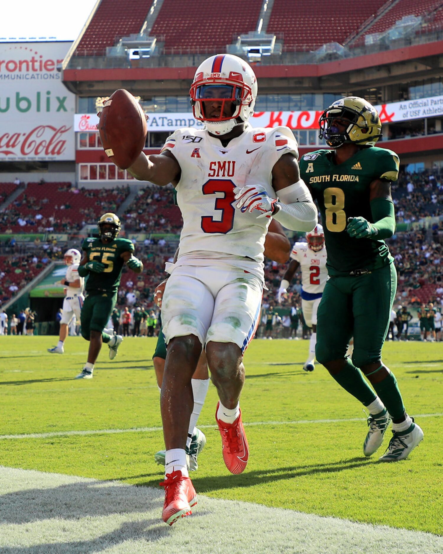 TAMPA, FLORIDA - SEPTEMBER 28: James Proche #3 of the Southern Methodist Mustangs scores a...