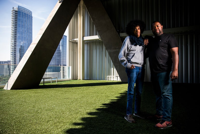 Dallas playwright Jonathan Norton (left) and director Derrick Sanders pose for a portrait in...