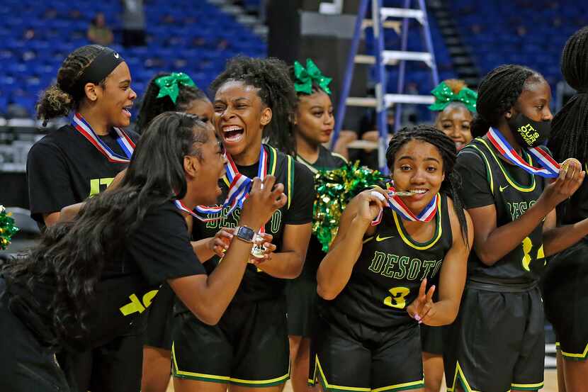 Desoto girls celebrate.DeSoto vs. Cypress Creek girls basketball Class 6A state championship...