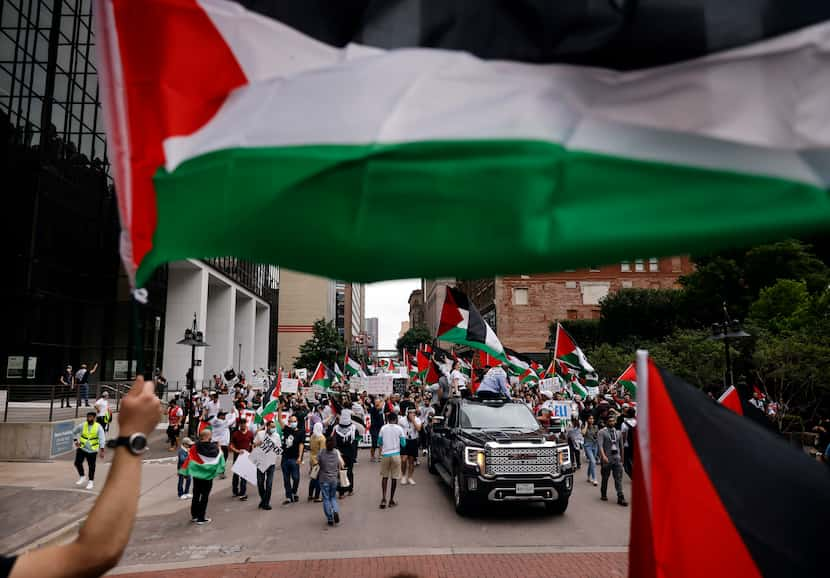 A crowd of 1,500 marched in downtown Dallas on May 23 calling for a free Palestine during a...