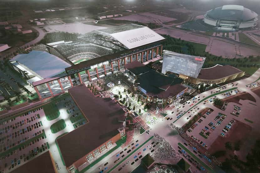 Globe Life Field renderings provided by HKS at a press conference at Globe Life Park in...