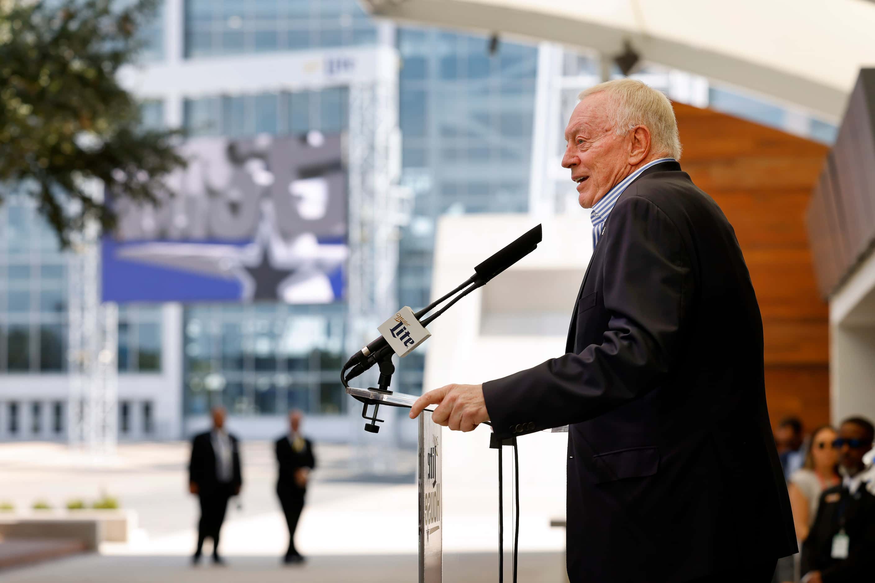 Dallas Cowboys owner Jerry Jones delivers remarks about the new constructed Miller LiteHouse...