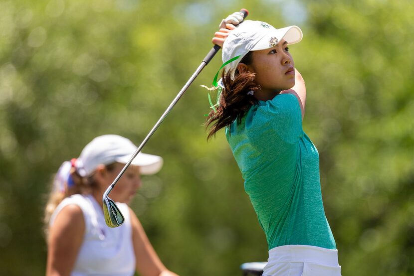 Frisco Lebanon Trail's Ryan Ko hits from the 14th tee box during round 1 of the UIL Class 5A...