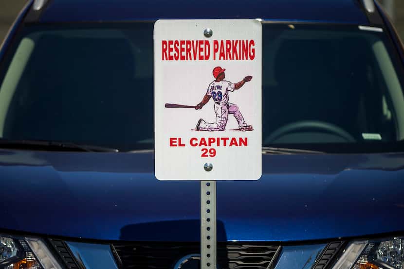 A new sign marks a parking space in the players lot for Texas Rangers third baseman Adrian...
