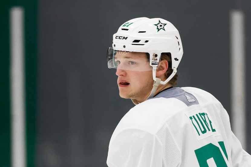 Dallas Stars left wing Riley Tufte participates in a training camp practice at the Comerica...