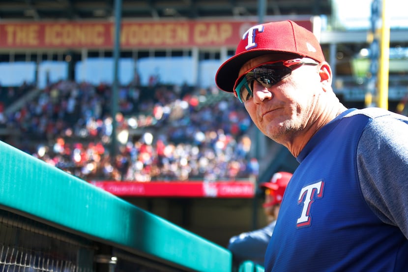 Texas Rangers manager Jeff Banister (28) is pictured in the dugout during the Kansas City...