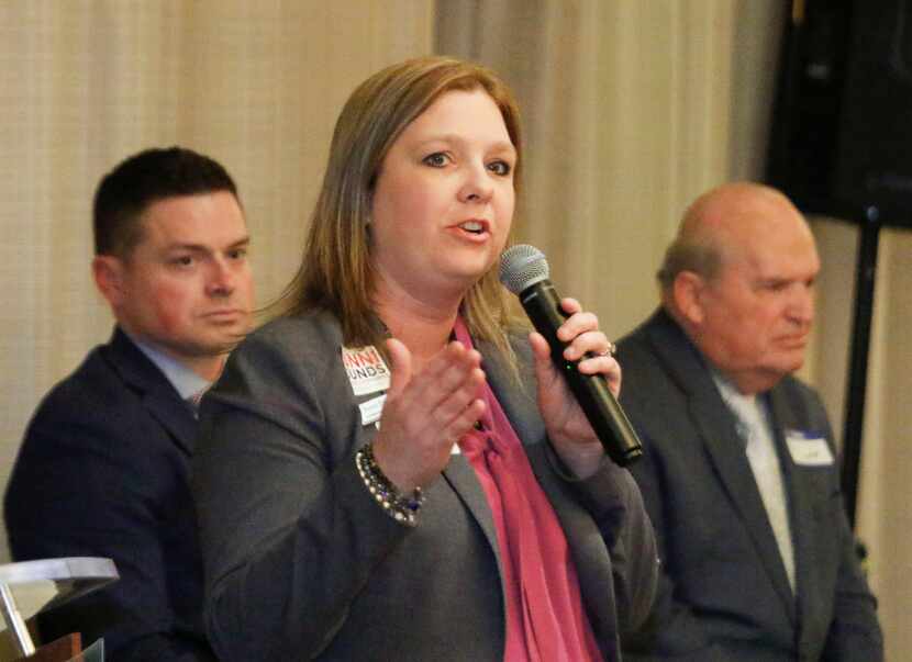 Bunni Pounds, a candidate for the U.S. House, explains her platform at a forum at the Dallas...