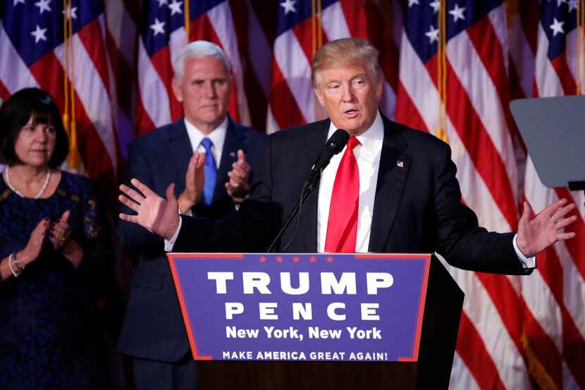 Donald Trump, with running mate Mike Pence, celebrated his victory and addressed his...