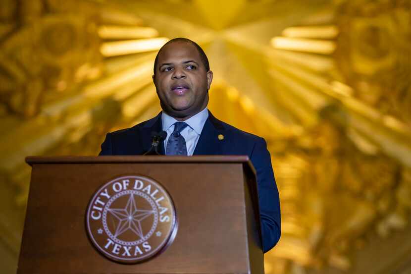 Dallas Mayor Eric Johnson delivers his State of the City address at The Hall of State in...