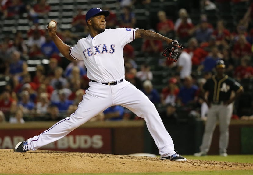 Texas pitcher Neftali Feliz is pictured during the Oakland Athletics vs. the Texas Rangers...