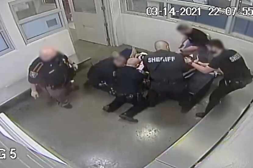 This image taken from video released by the Collin County Sheriff’s Office shows jailers...