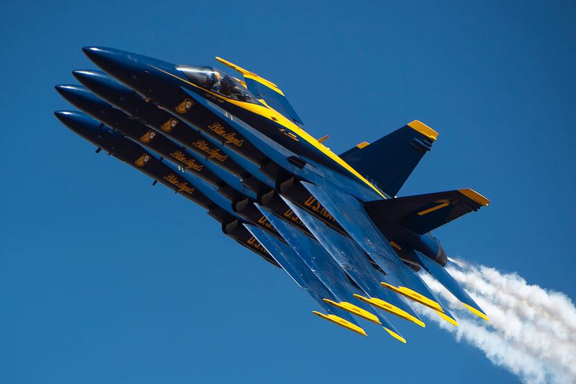 U.S. Navy Blue Angels fighter jets in close formation. The planes are set to fly over Dallas...