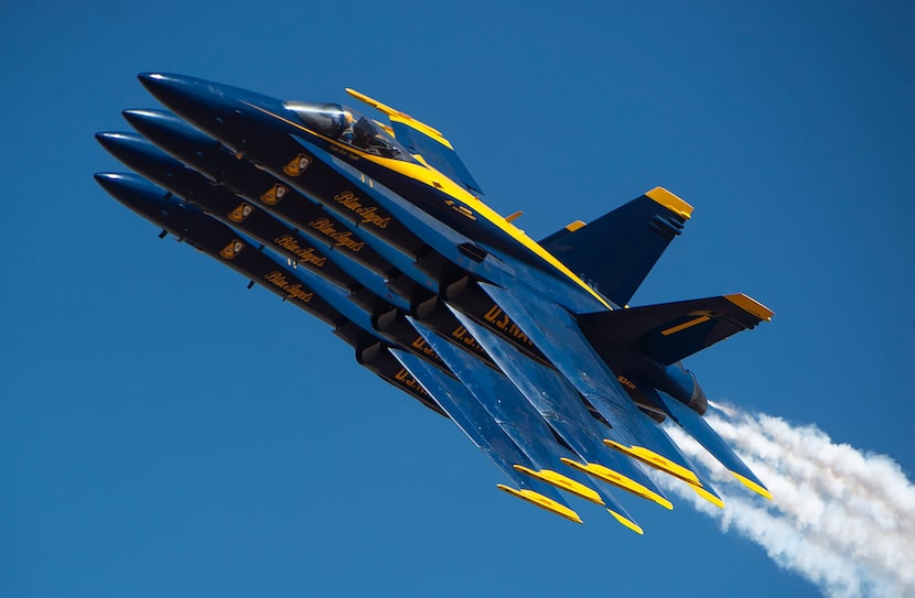 U.S. Navy Blue Angels fighter jets in close formation. The planes are set to fly over Dallas...