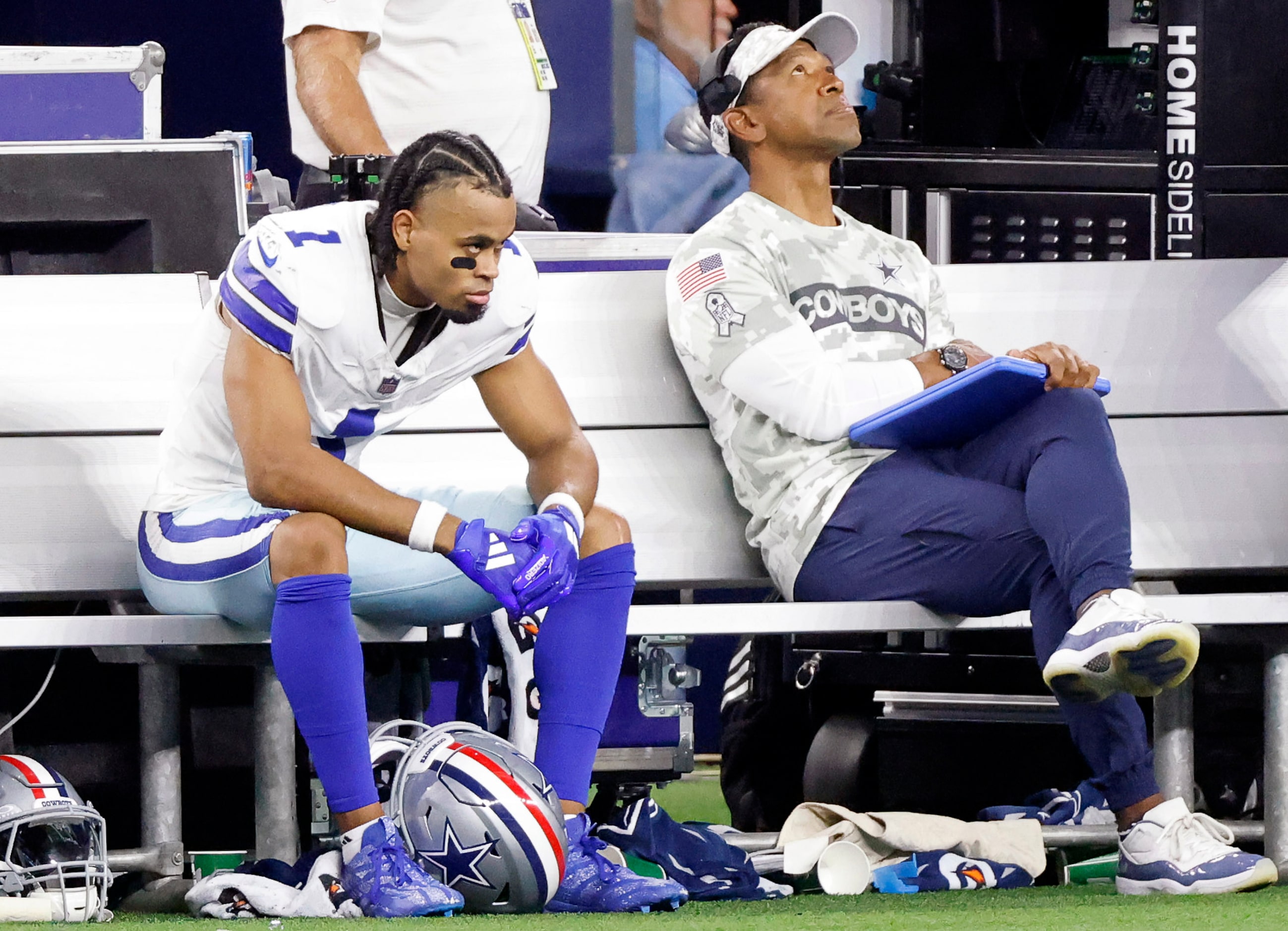 Dallas Cowboys wide receiver Jalen Tolbert (1) watches from the bench as the defense plays...