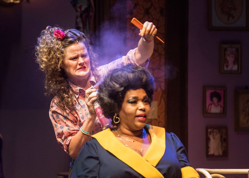 Annelle Dupuy-Desoto (Ana Hagedorn) puts hairspray on Truvy Jones (Liz Mikel).