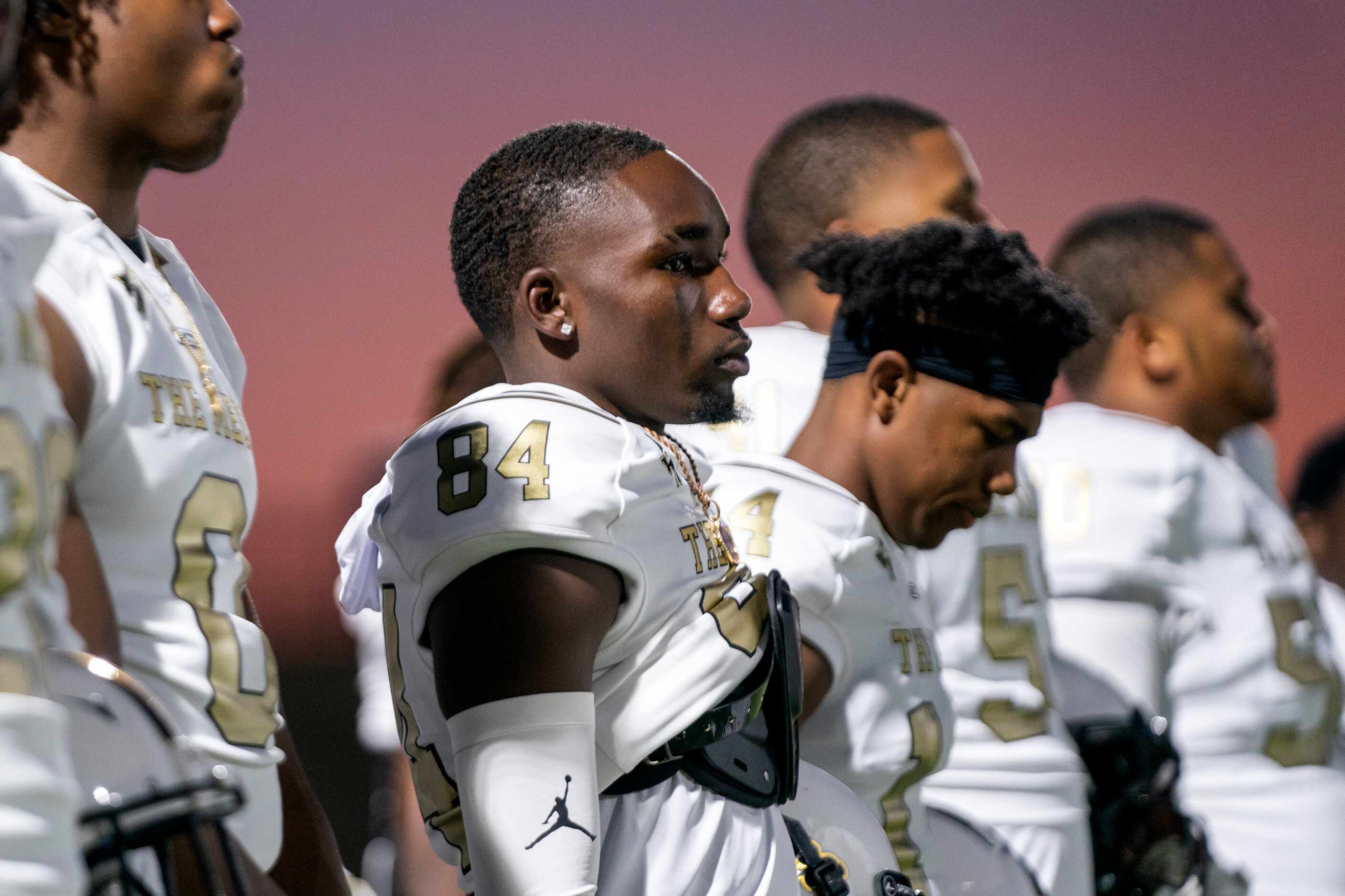 South Oak Cliff senior wide receiver Jordan Mayes (84) waits to take the field before a high...