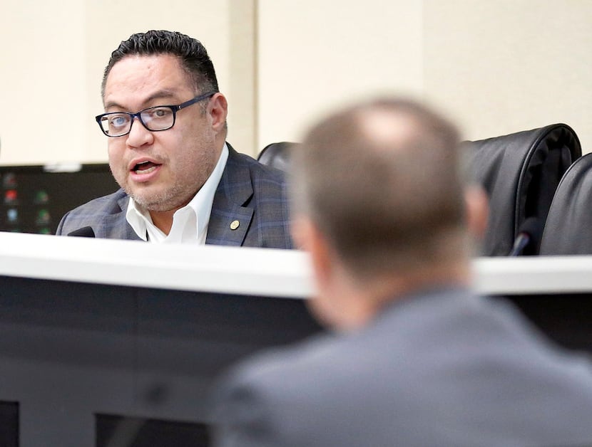 Dallas City Council member Omar Narvaez (left) addressed Assistant City Manager Jon Fortune...