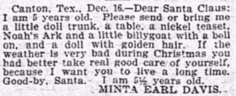 1899: Minta Davis was concerned about Santa's health and longevity.
