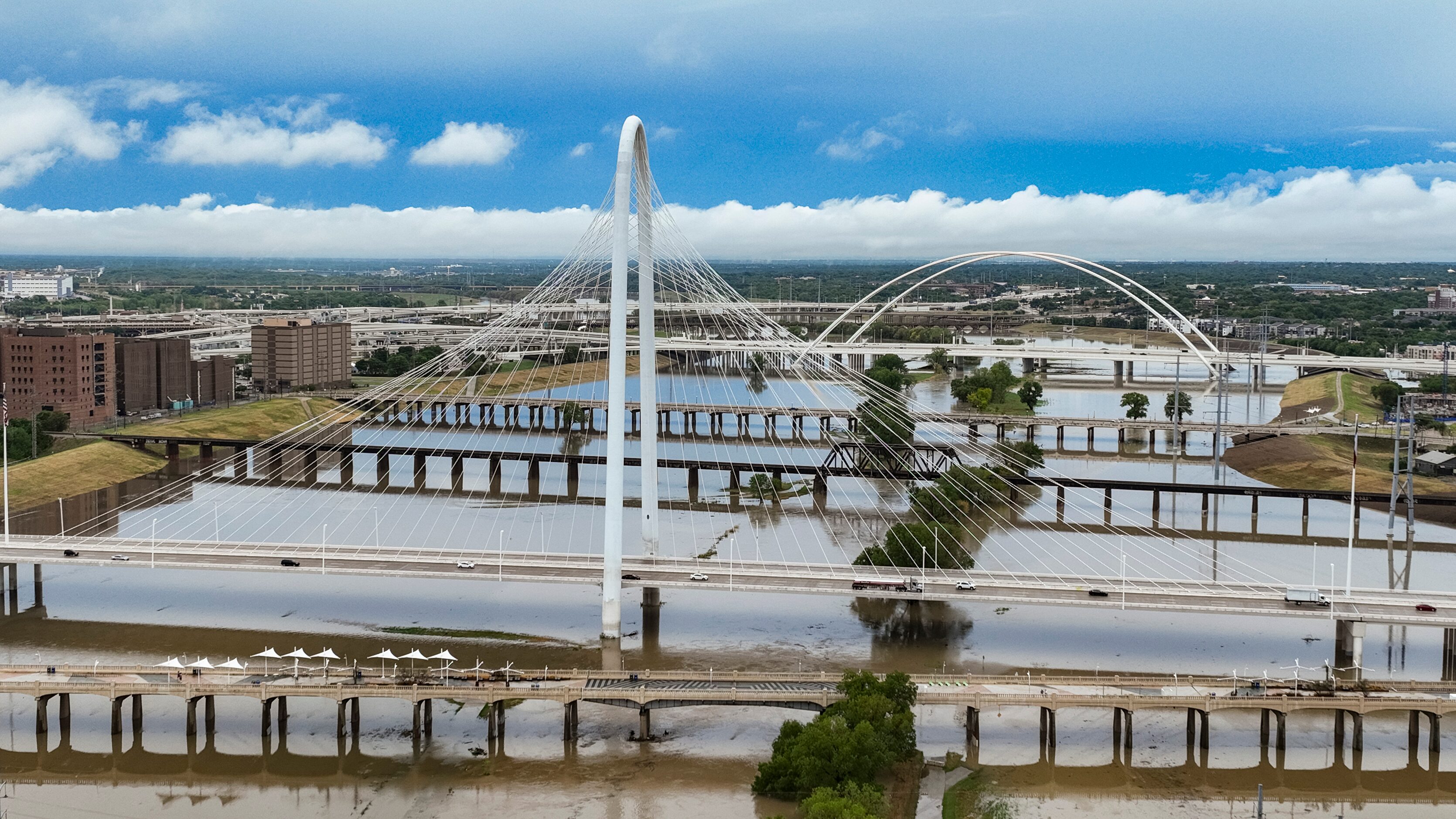 An aerial view of the Margaret Hunt Hill Bridge, foreground, and Margaret McDormott Bridge,...