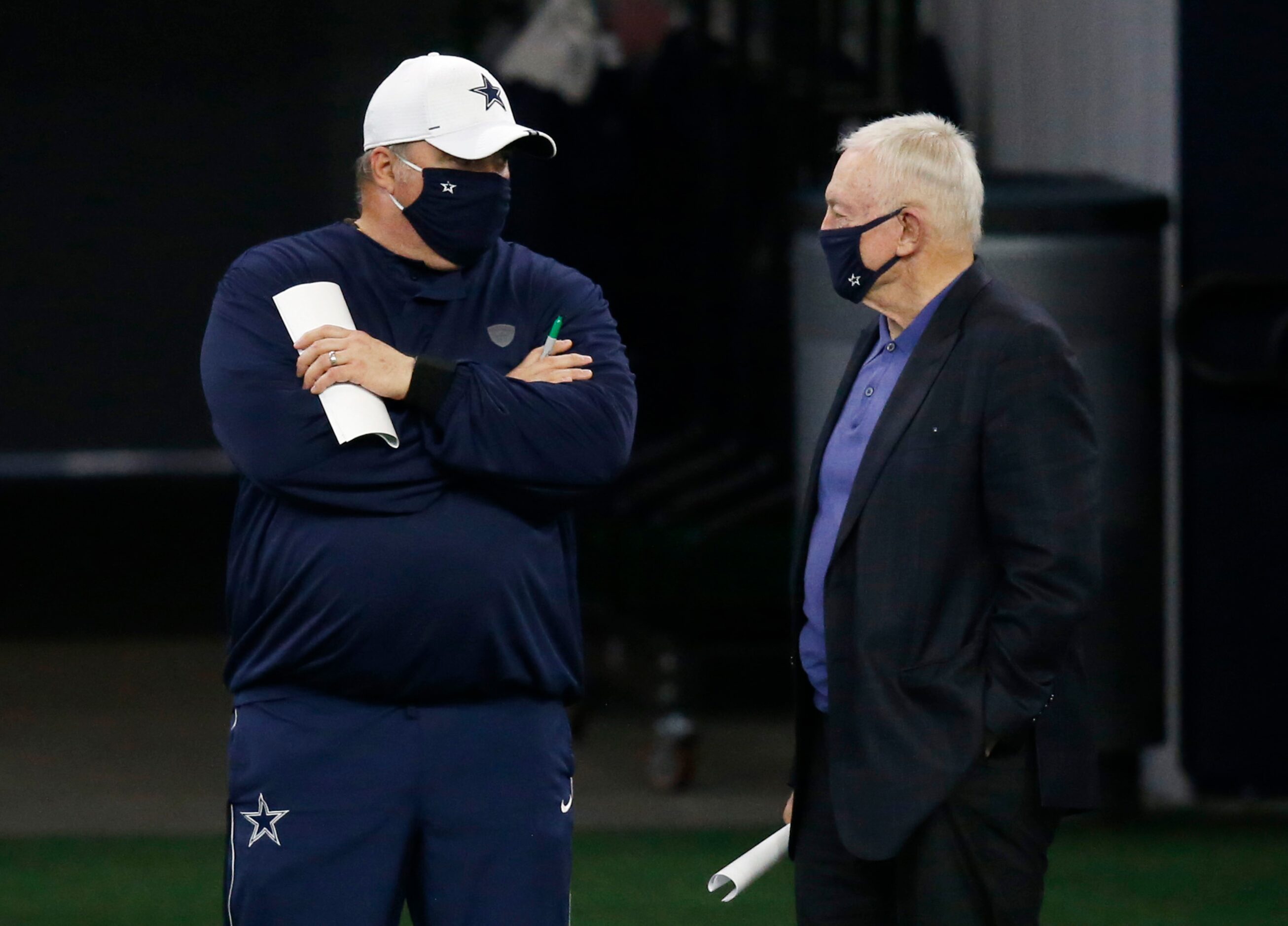 Dallas Cowboys head coach Mike McCarthy talks to Dallas Cowboys owner and general manager...