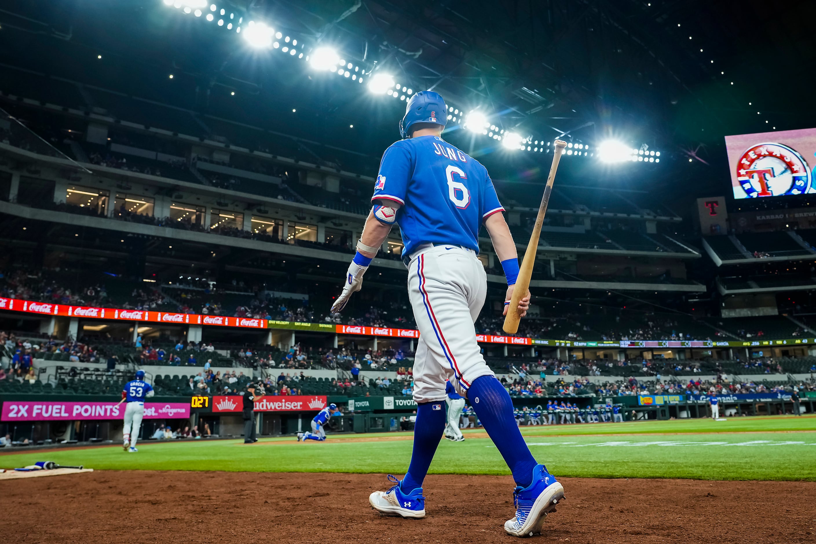 Texas Rangers third baseman Josh Jung (6) heads to the on deck circle during the fourth...
