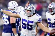 Dallas Cowboys linebacker Leighton Vander Esch (55) came up with a fumble recovery in the...