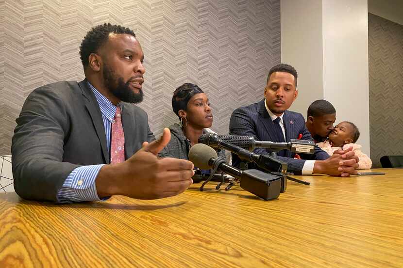 Attorney Lee Merritt (left), Shabreeka Kennedy and Attorney Justin Moore discuss the medical...
