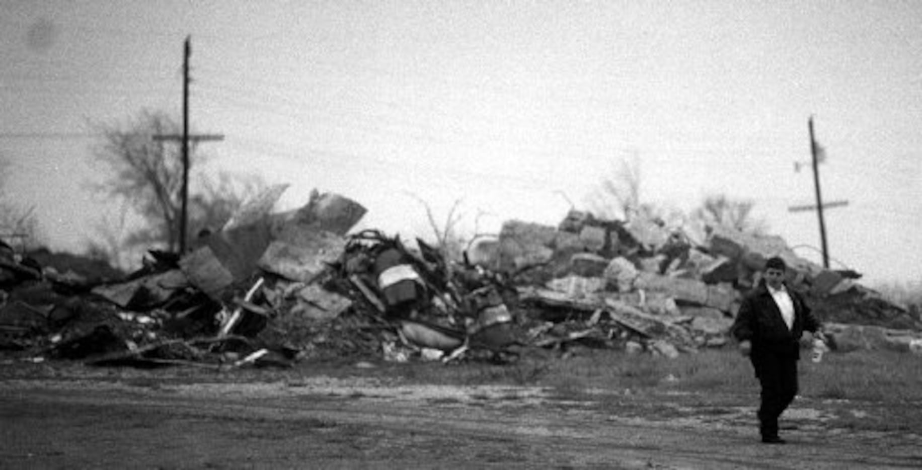 Rubble at the compound one year after the February 28 gunbattle that started the standoff.